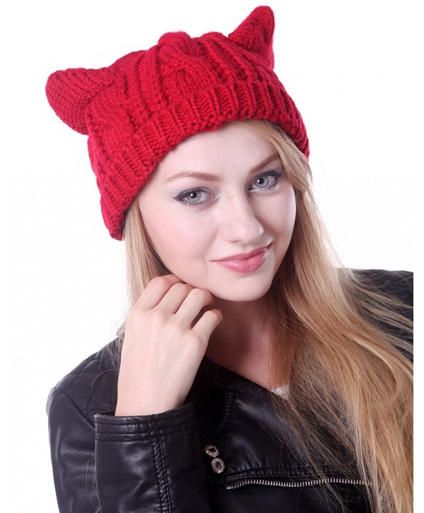 HDE Women's Knit Beanie Cat Ear Crochet Braided Winter Ski Hat Knitted Cap - Red - CG11IODSPCR