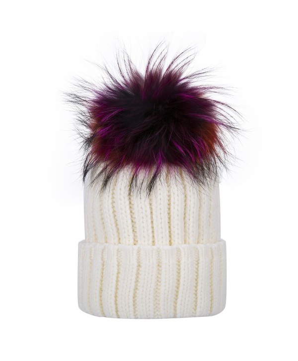 Womens Girls Winter Detachable Large Raccoon Fur Pom Pom Cap Knit Beanie Hat - White - CT1867Y8NIU