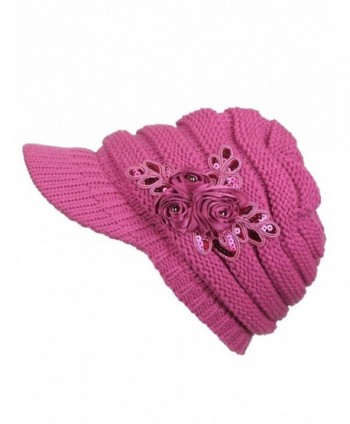 Women's Knit Newsboy Hat with Satin Flower - Fuchsia - C6120240OAF