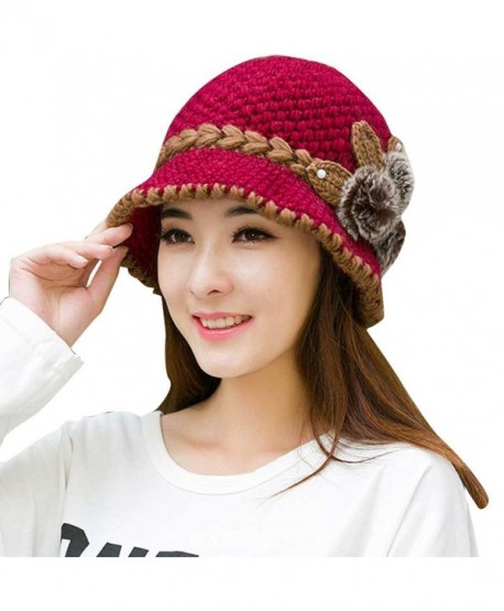 DORIC Women Winter Warm Crochet Ladies Knitted Flowers Decorated Ears Hat - Hot Pink - CA186M0QON7