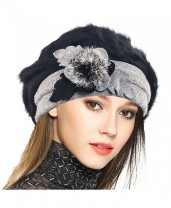 VECRY Lady French Beret 100% Wool Beret Floral Dress Beanie Winter Hat - Angola-black - C712OB9J69O
