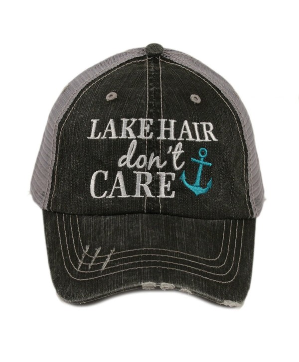 Katydid Lake Hair Don't Care Women's Distressed Grey Trucker Hat - Teal Anchor - CB12IWI54YP