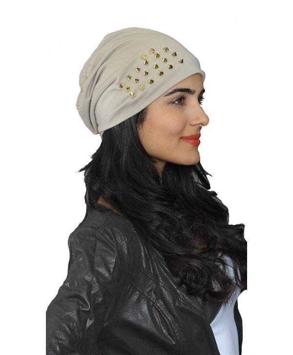 ShopAA Gold Spike Studded Beanie Skull Hat - Taupe - CT185TCR8MU