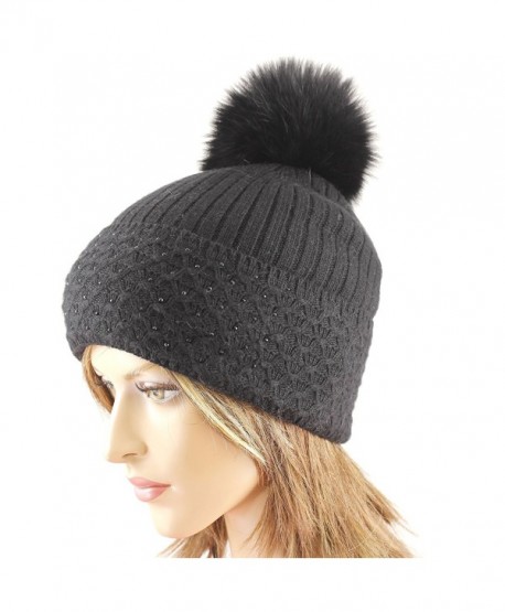 LA-EL COUTURE Women's Wool&Angora Rhinestones Fur Pom-Removable Warm Beanies - Black - C512BDDDDO9