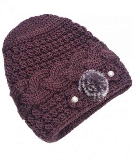 THENICE Women's Mother elderly Winter Skull Cap Fur Flowers velvet Knit Hat - Brown - C612N69RIV2