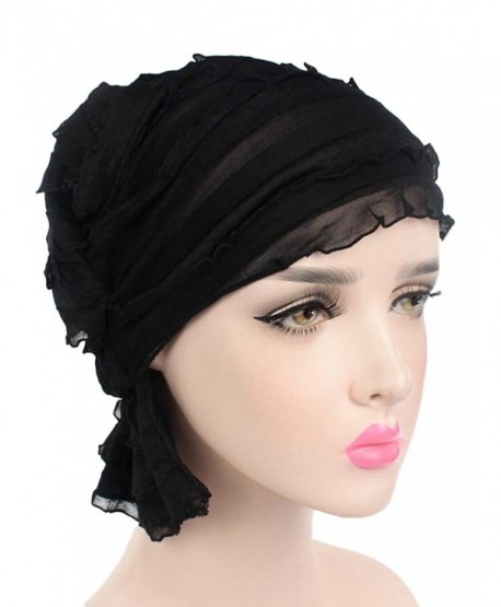 EachWell Women Pleated Ruffle Stretch Turban Hat Hair Wrap Cover Up Sun Cap - Black - CT185OUR89N