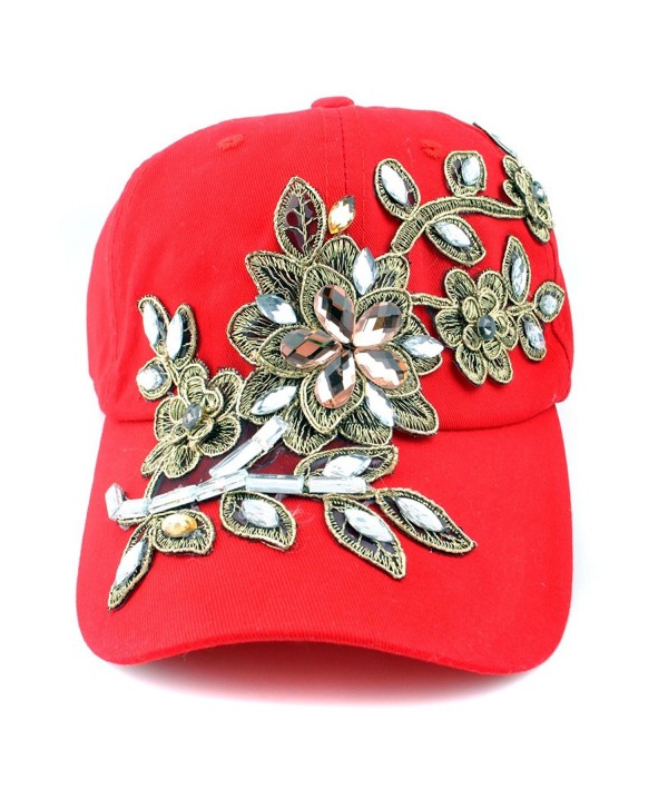 Elonmo Flowers Baseball Rhinestone Adjustable - Red - CE182L6DCHQ