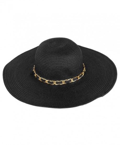 Aerusi Women's Straw Wide Brim Floppy Sun Hat Beach Garden Sun Hat w/Chain Band - Black - C312H415SXN