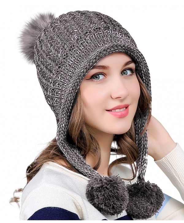 Urban CoCo Women's Winter Cable Knitted Pom Pom Beanie Hat Earflap Caps - Grey - CT188E2RR02