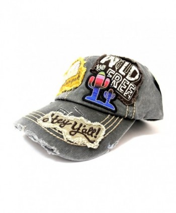 Vintage Black "Y'ALL- HAPPY CAMPER- WILD FREE" Multi-Patch Embroidered Adjustable Cap - CJ17Z58ILOT