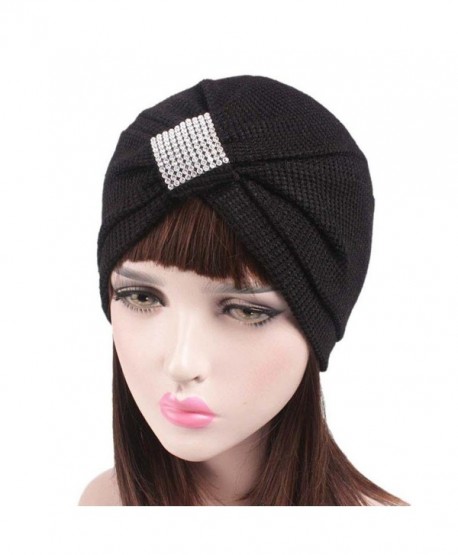 Qingfan Women Crochet Solid Pre Tied Warm Cancer Chemo Hat Beanie Turban Stretch Head Wrap Cap - Black - C218646SHKO