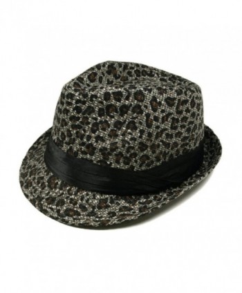 Gray & Black Leopard Cheetah Print Black Band Fedora Straw Hat - CG110VSSQ6N