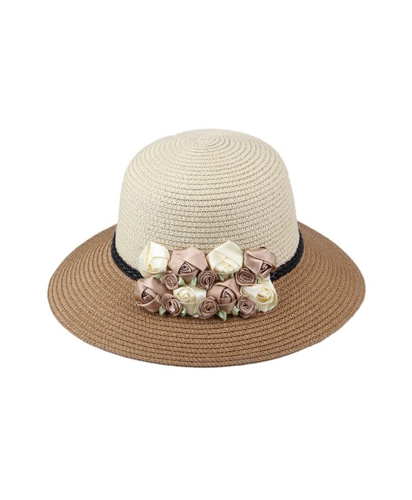 Dantiya Womens Girl's Straw Cap Beach Sun Hats With Flowers - Khaki - CI12MXUSF2V