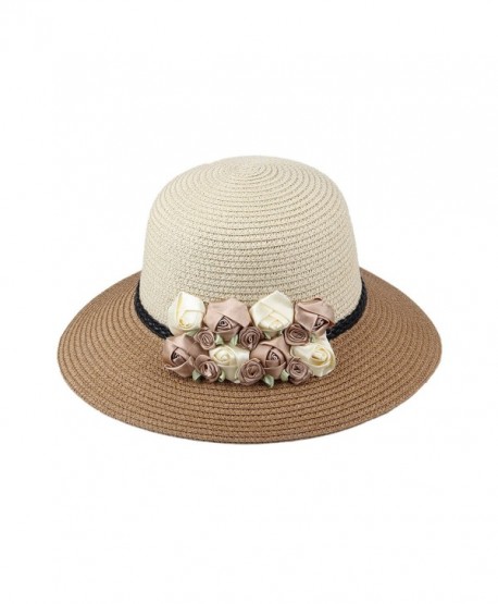 Dantiya Womens Girl's Straw Cap Beach Sun Hats With Flowers - Khaki - CI12MXUSF2V