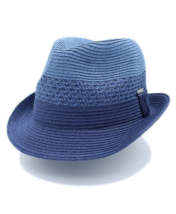 The Hatter 1 3/4" Wide Brim Panama Roll Up Two Tone Fedora Sun Hat Beach Cap With Band - A-navy - CW180MZ5G0D