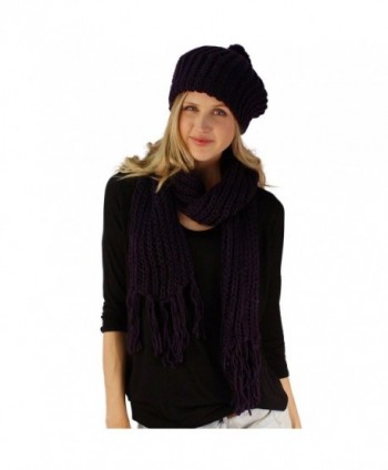 Handknit 2pc Winter Ribbed Knit Ski Beret Pom Pom Beanie Hat w Scarf Set - Purple - C811FXOGCDT