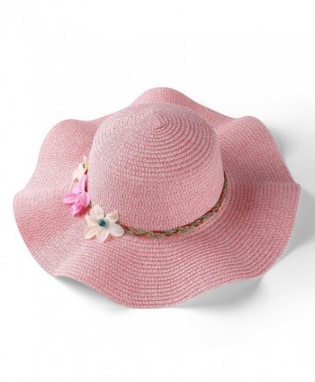 Aerusi Women's Wavy Brim Straw Woven Flower Band Summer Beach Floppy Sun Hat - Pink - C8182XX95M5