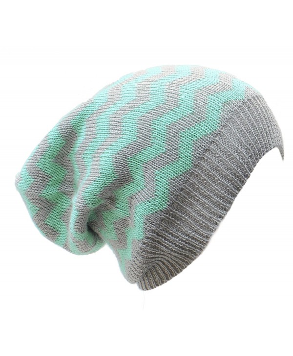 AN Slouchy Beanie Hat Chevron Fashion Knit Cap Chic Zigzag Lightweight Unisex - Mint Gray - C012CZK1NLJ