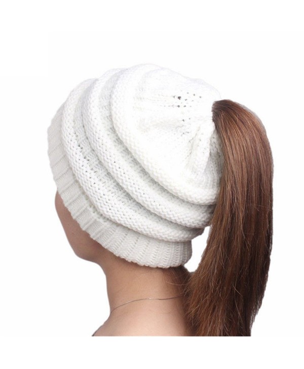 H_US000 HS Women Winter Warm Knit Soft Slouchy Beanie Hats Braided Hat With Holes Ponytail Hat (White) - CG188X85ZHN