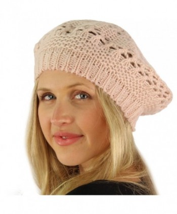 Winter Warm Pretty Open Weave Knit Beret Tam Beanie Skully Hat Ski Cap - Pink - C111G7ZCPAL