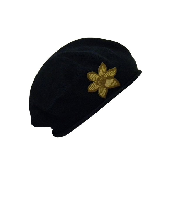 Beret With Pointy Gold Flower Women 100% Cotton Hat For Hair Loss Fashion Modesty - Black - C911UPODTSN