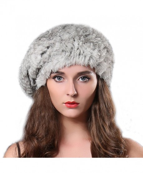 FURTALK Women Winter Fur Beret Hat - Rex Rabbit Fur Knitted Warm Cap Original - Grey - CV122V3G9W3