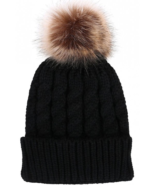 Verabella Women's Winter Soft Chunky Cable Knit Pom Pom Beanie Hats Skull Ski Cap - Black - CN188AO4SUK