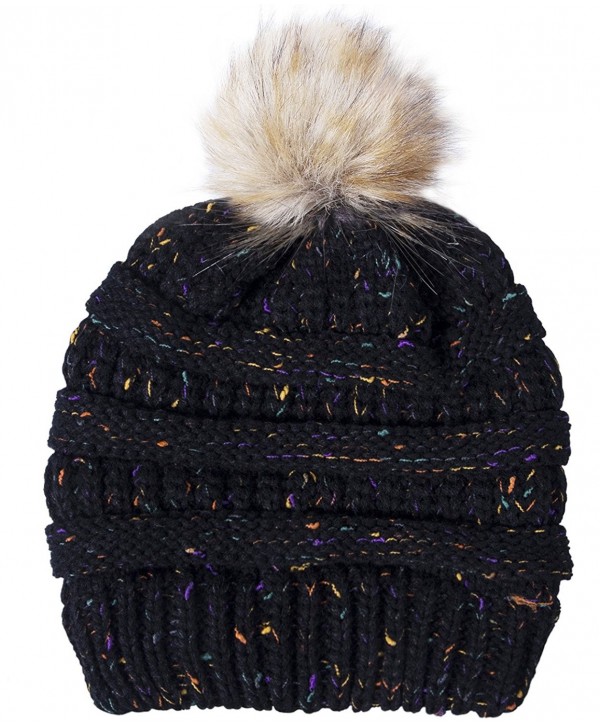 Amandir Confetti Knit Beanie - CC Style Ribbed Cable Knit Pom Pom Beanie Hat - Black - CE188TE9UKG