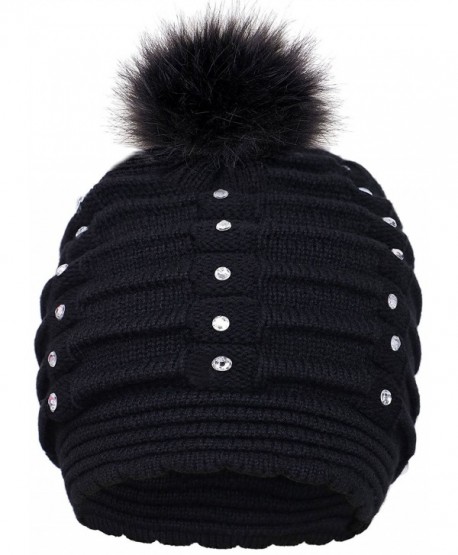 Toppers Womens Faux Fur Pompom Knit Winter Beanie Hat w/Sequins - Black - CZ18953TKAM