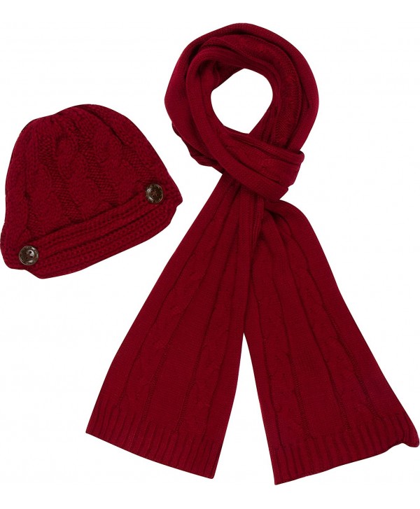 Sakkas Womens 2-piece Cable Knitted Visor Beanie Scarf and Hat Set with Button - Burgandy - C811LRZB4R7