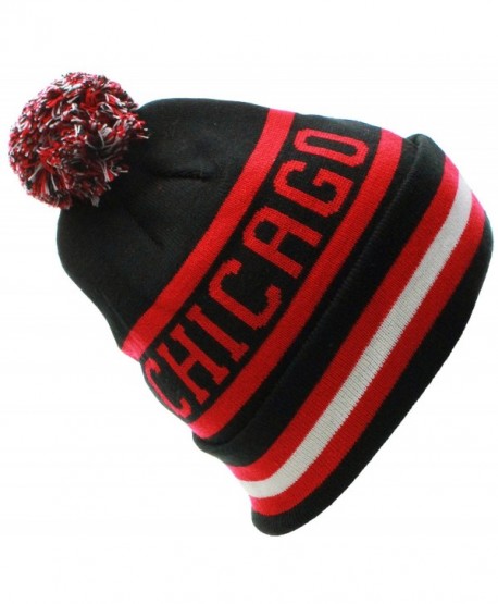 US Cities USA Favorite City Cuff Winter Beanie Knit Pom Pom Hat Cap - Chicago - Black Red - CV11Q2TZI25