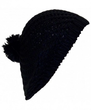 Best Winter Hats Open Swirl Weave Knit Solid Color Winter Beret w/Pom Pom (One Size) - Black - CU11P6D5OQ3