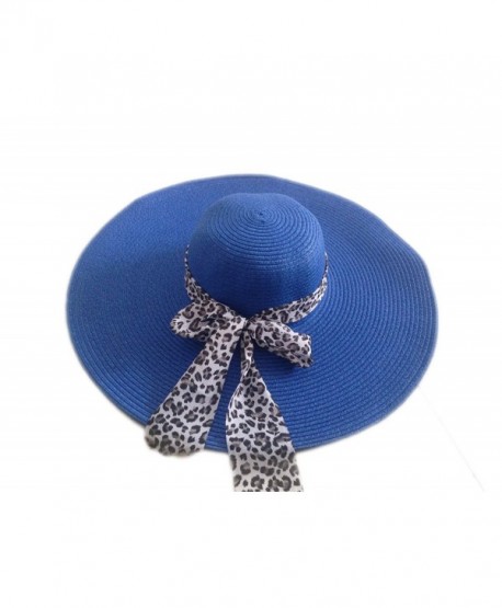 JTC Women's Straw Sun Floppy Hat White Leopard Ribbon 12 Colors - Dark Blue - CR11KSVIPYV