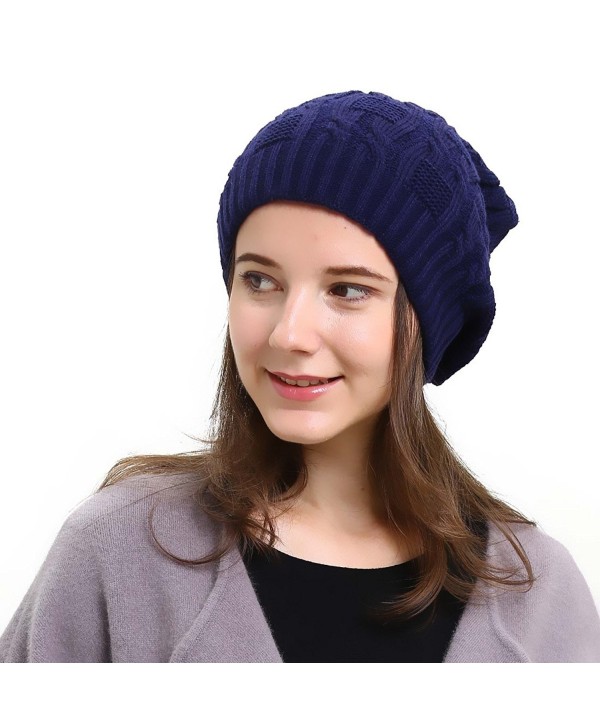 Slouchy Beanie Winter Ski Baggy Hat Double Layer Soft Oversized Cable Knit Cap - Navy - CG1867E6UKN
