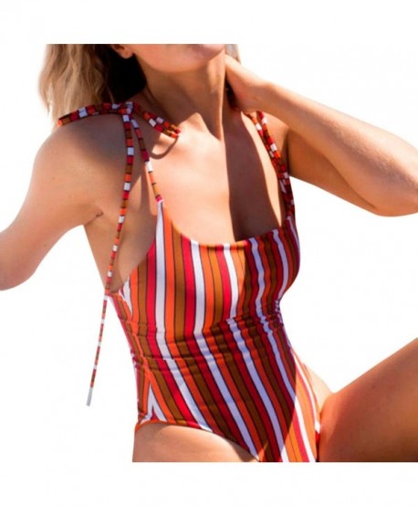 Leedford Women's Retro Stripe 80/90s Lace Up High Cut Low Back One Piece Swimwear Bathing Suits - Multicolor - CB1803ZWO75