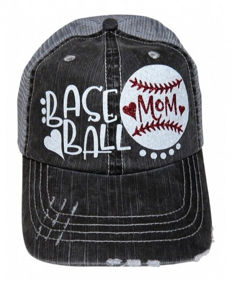 Glitter Baseball Mom Heart Distressed Look Grey Trucker Baseball Cap Sports - White/Red Glitter - CY17YUUWTZM