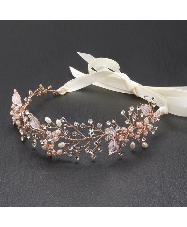 Mariell Rose Gold Freshwater Pearl and Crystal Bridal Hair Vine Ribbon Headband - C712J5BE0V1